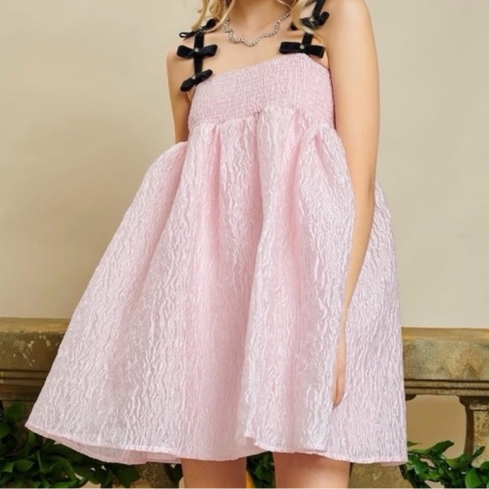Sister Jane Pink dress with Black Bow Straps